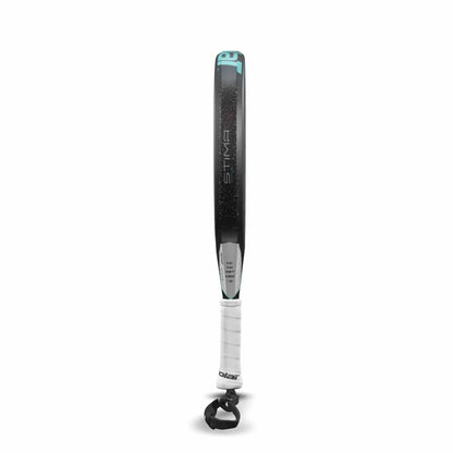 A black and teal Babolat Stima Energy padel racket with a white grip stands upright on its handle against a plain white background. The word "STIMA" is written vertically on the side.