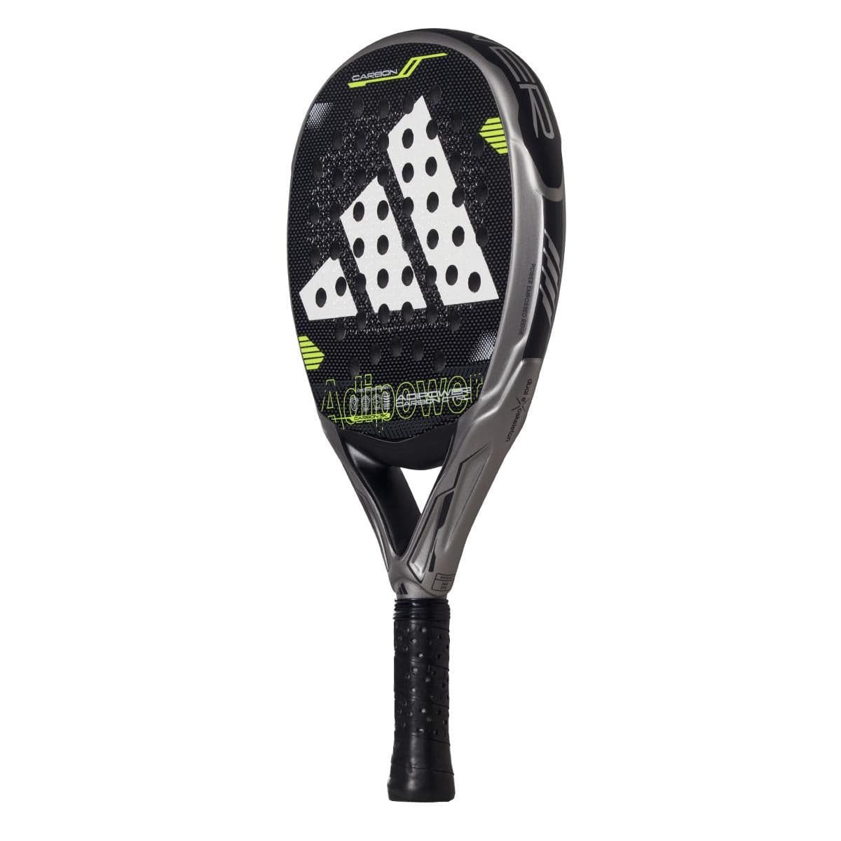 The adidas ADIDAS Adipower Carbon CTRL 3.4 Padel Racket is a black and grey padel racket made with durable carbon 18K construction.