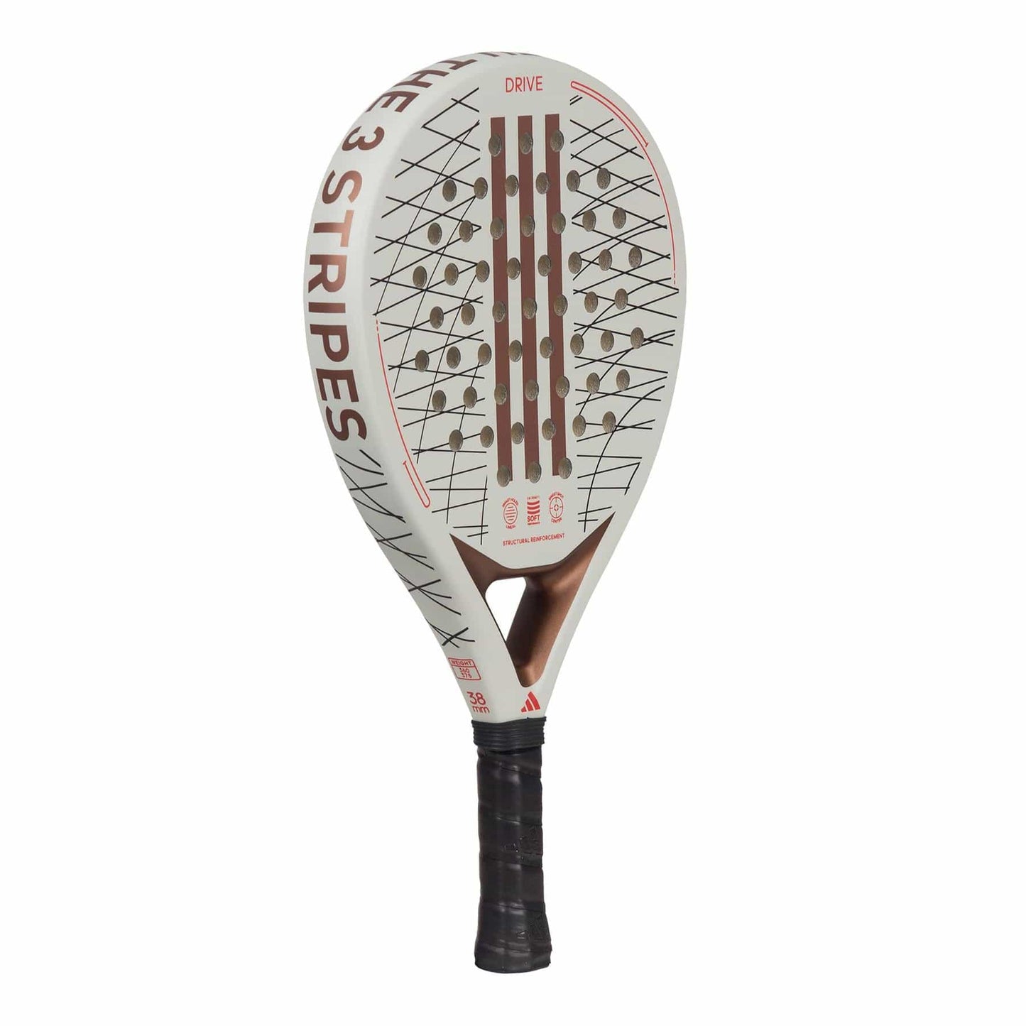 The adidas ADIDAS Drive 3.3 Vintage Padel Racket features a white and bronze design with a black grip, "THE 3 STRIPES" text on the edge, and center holes—ideal for players seeking control and precision on the court.