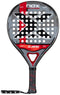 The NOX X-Hero Red Padel Racket by NOX features a striking black, gray, and red design with a bold "X" center, circular holes for control, and a branded wrist strap—making it an ideal choice for beginner padel players.