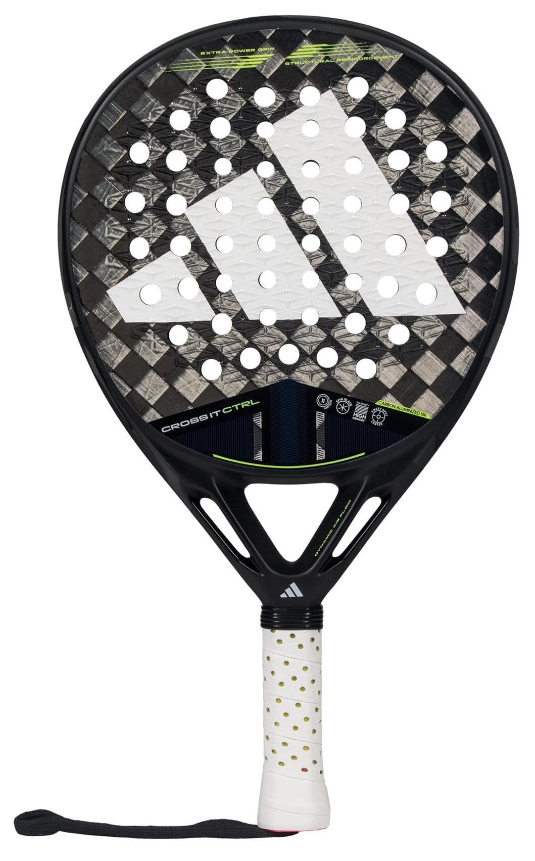 The adidas Cross It CTRL 3.4 Padel Racket features a black Carbon 15K face with a white geometric pattern, circular holes, a white grip with gold dots, and a black wrist strap—ideal for advanced players.