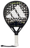 The adidas Cross It CTRL 3.4 Padel Racket features a black Carbon 15K face with a white geometric pattern, circular holes, a white grip with gold dots, and a black wrist strap—ideal for advanced players.