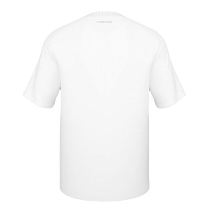 The HEAD Performance Men's Padel T-Shirt in white showcases a minimalist design with a subtle logo located on the upper back. It incorporates Moisture Transfer Microfibre technology and is presented against a white background, emphasizing its simple and clean aesthetic.