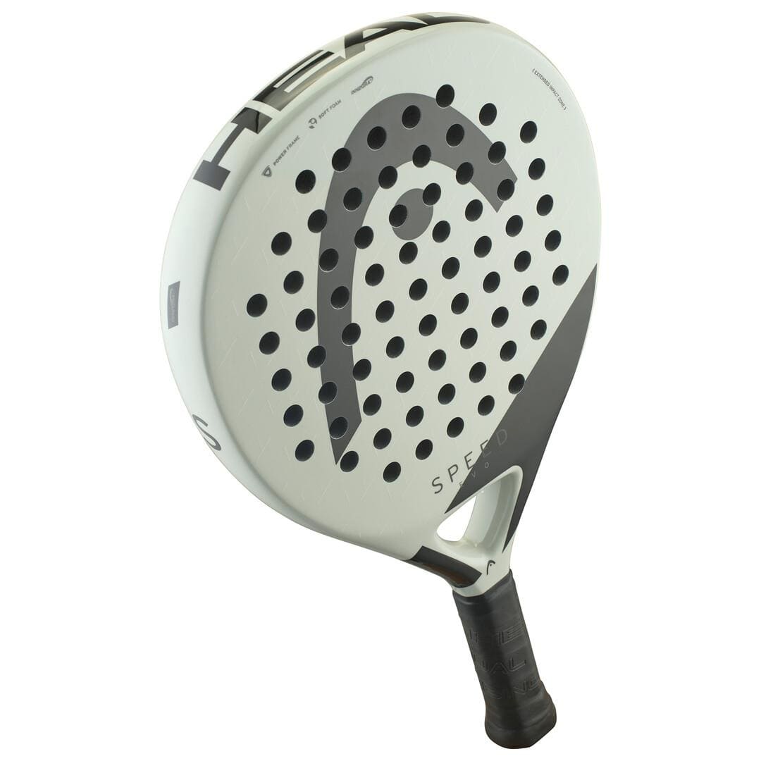 The HEAD EVO Speed 2025 Padel Racket by HEAD is a white and black teardrop-shaped racquet with a perforated face, large curved logo, “Speed” by the handle, and a black grip—drawing inspiration from the classic EVO SPEED design.