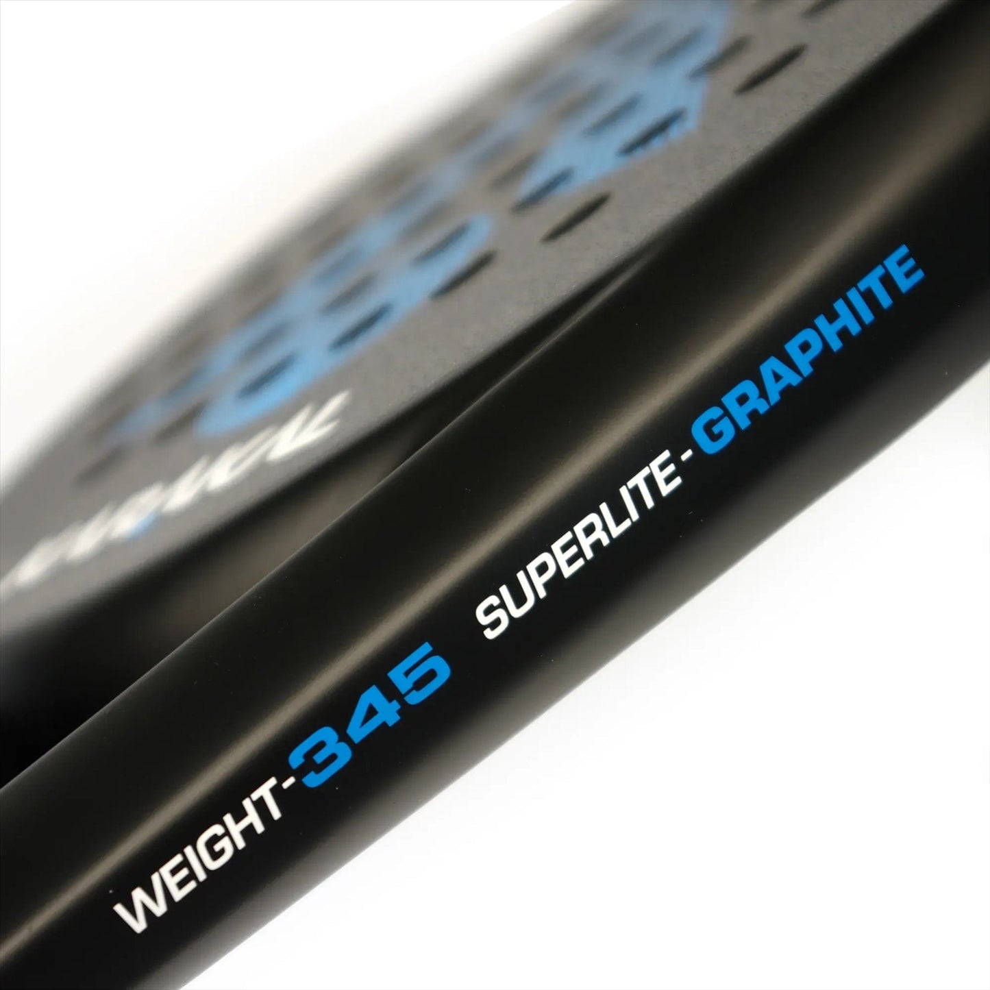 Close-up of the Karakal Air Lite 345 Blue Padel Racket by Karakal, featuring "WEIGHT - 345 SUPERLITE GRAPHITE" in blue and white on the frame, with part of the racket’s surface visible in the background.