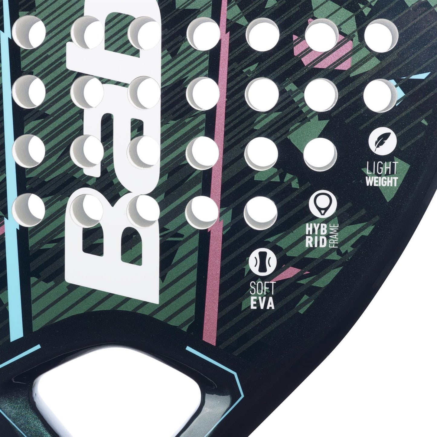 Close-up of the Babolat Reveal Padel Racket by Babolat, featuring its logo, circular holes, and icons for "Light Weight," "Hybrid Frame," and "Soft EVA" on a green and black patterned background—ideal for those seeking a lightweight racket.