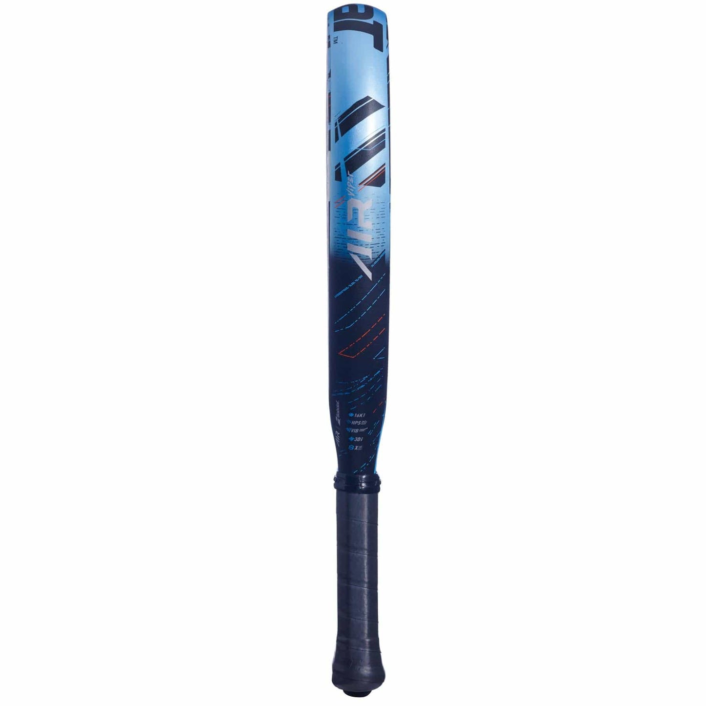 A blue and black Babolat Air Viper padel racket with a gradient design, textured grip, and graphic barrel details stands upright against a white background, inspired by explosive power.