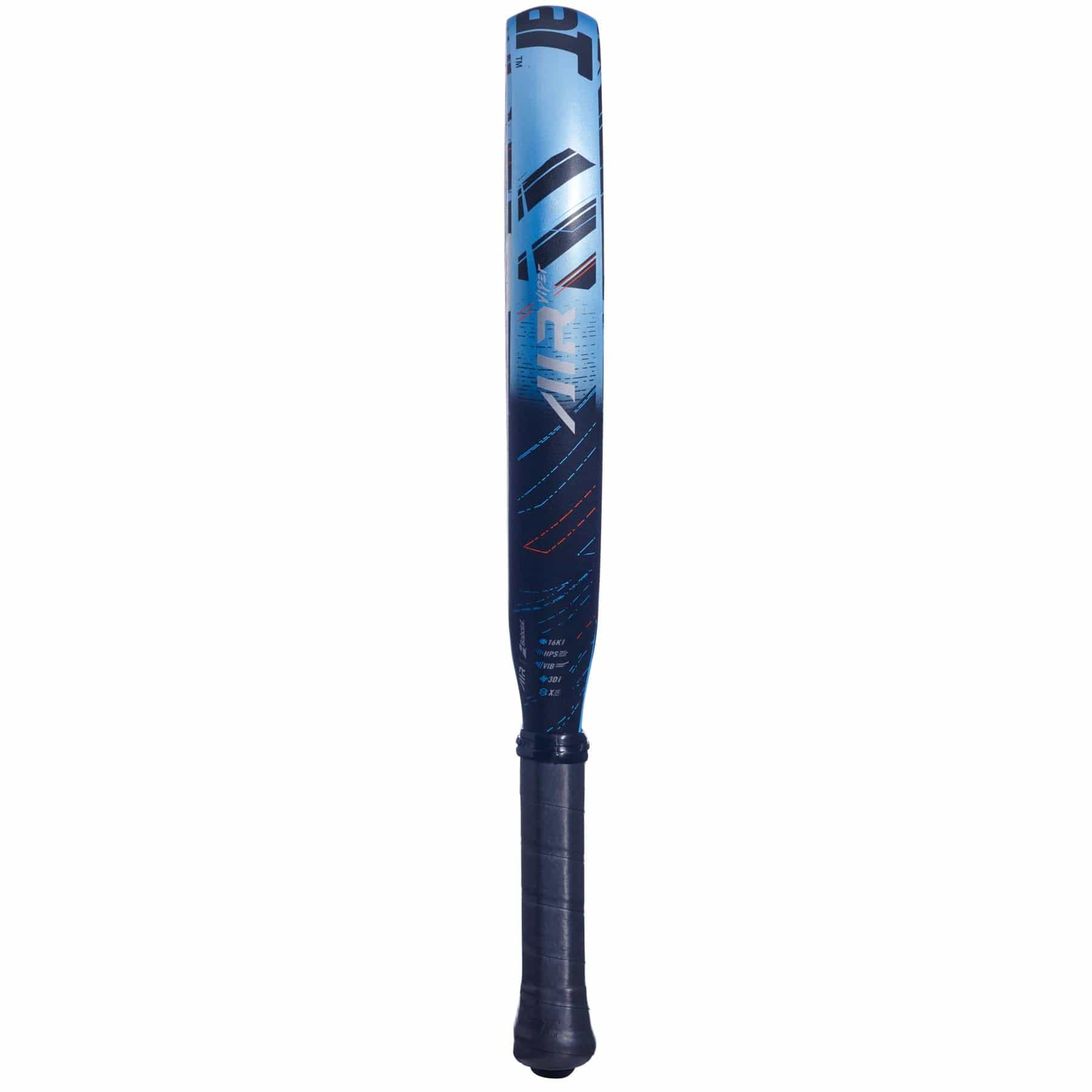 A blue and black Babolat Air Viper padel racket with a gradient design, textured grip, and graphic barrel details stands upright against a white background, inspired by explosive power.