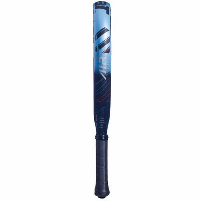 A blue and black Babolat Air Viper padel racket with a gradient design, textured grip, and graphic barrel details stands upright against a white background, inspired by explosive power.