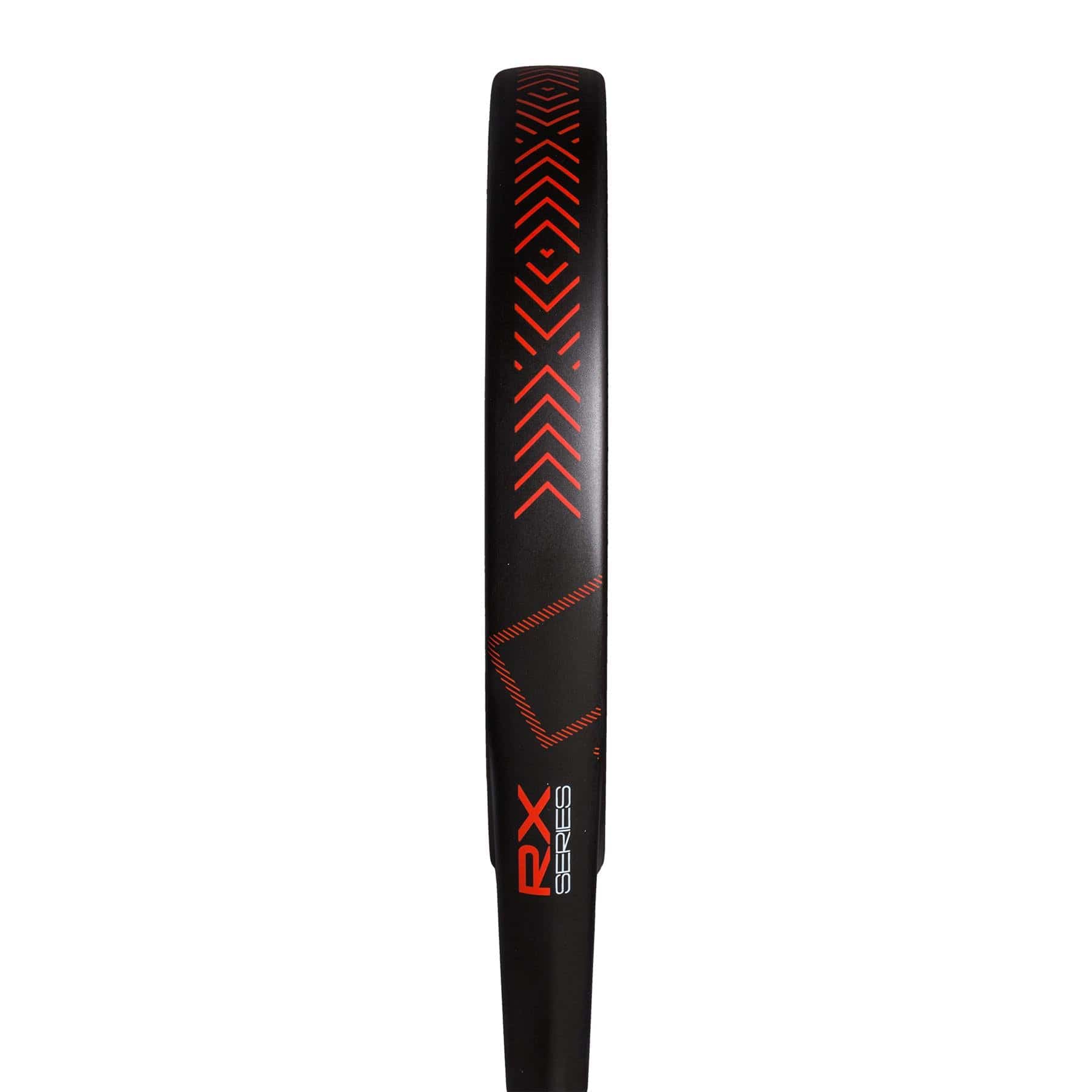 Close-up side view of the adidas RX Series Red 3.4 Padel Racket frame, an intermediate racket featuring red geometric patterns and "RX SERIES" text in red and white.