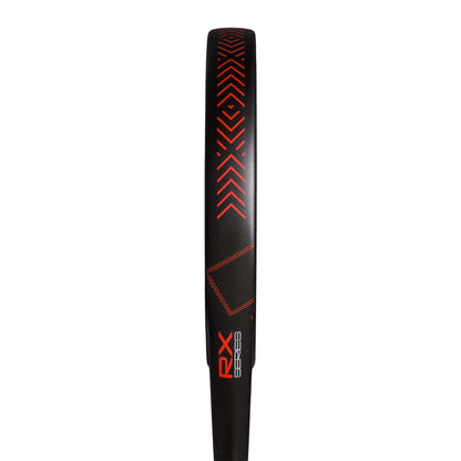 Close-up side view of the adidas RX Series Red 3.4 Padel Racket frame, an intermediate racket featuring red geometric patterns and "RX SERIES" text in red and white.