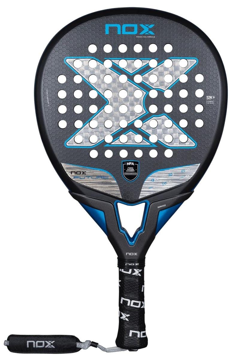 The NOX NFA Future Hybrid 12K Alum Padel Racket features a black and blue design with a large white and silver “X” on the face, circular holes, and a black handle wrapped in NOX-branded grip tape.
