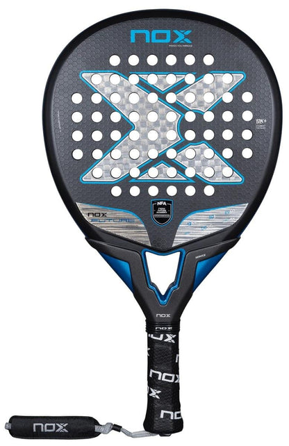 The NOX NFA Future Hybrid 12K Alum Padel Racket features a black and blue design with a large white and silver “X” on the face, circular holes, and a black handle wrapped in NOX-branded grip tape.