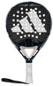 The adidas Cross It Carbon CTRL Padel Racket features a black and white design, a large adidas logo, circular holes on the carbon fibre face, plus a white handle with blue dots and a black wrist strap.