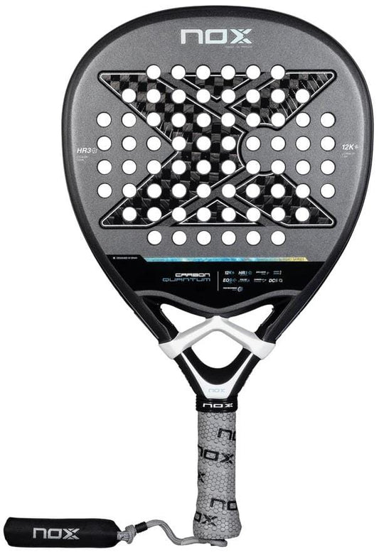 The NOX Luxury Quantum 12K Carbon 2025 Padel Racket features a black 12K carbon fiber face, white logo, perforated holes, white grip handle, EXCLUSIVE SPIN tech, and a detachable black wrist strap for enhanced control.
