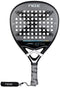 The NOX Luxury Quantum 12K Carbon 2025 Padel Racket features a black 12K carbon fiber face, white logo, perforated holes, white grip handle, EXCLUSIVE SPIN tech, and a detachable black wrist strap for enhanced control.