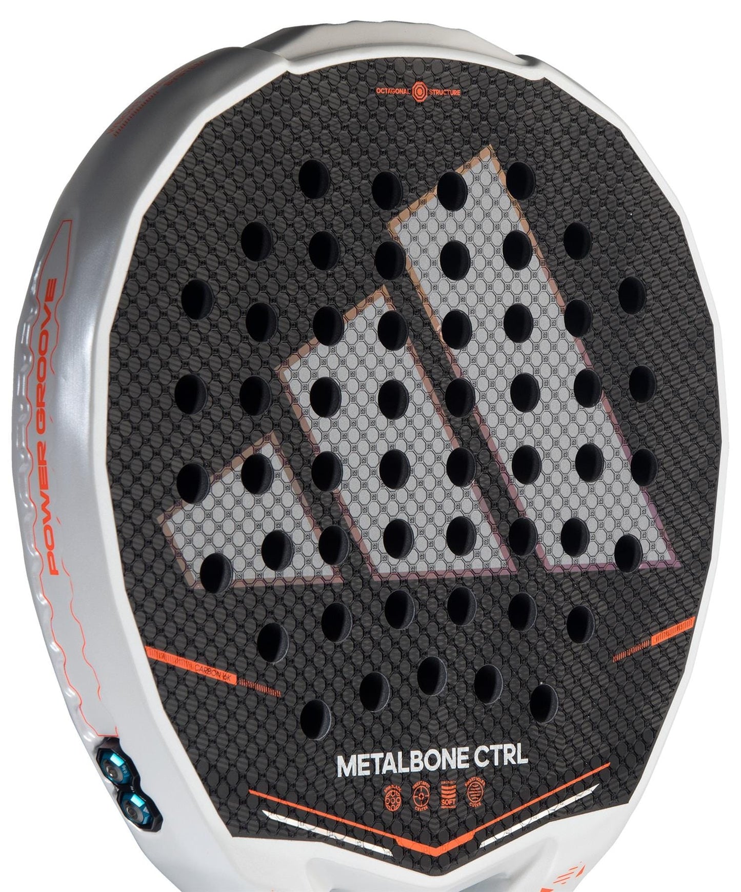 Close-up of the adidas Metalbone Ctrl 2026 Padel Racket face, showcasing its honeycomb texture, circular holes, and adjustable weight system. The model name appears at the bottom with the adidas logo in the center.