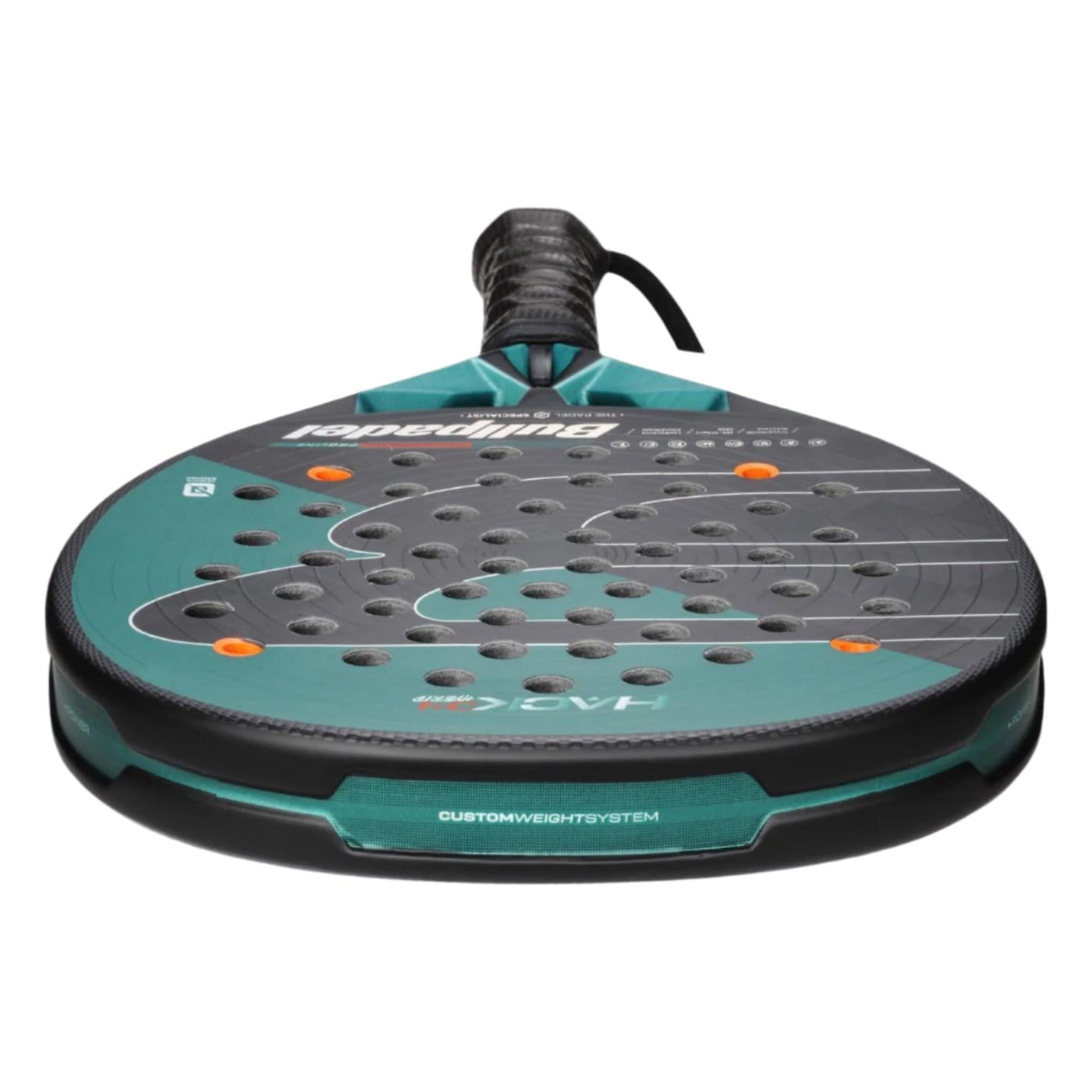 A close-up of the Bullpadel Hack 04 Hybrid 2025 Padel Racket for advanced players, featuring multiple perforations, a textured surface, and a wrapped handle by Bullpadel, viewed from the bottom.