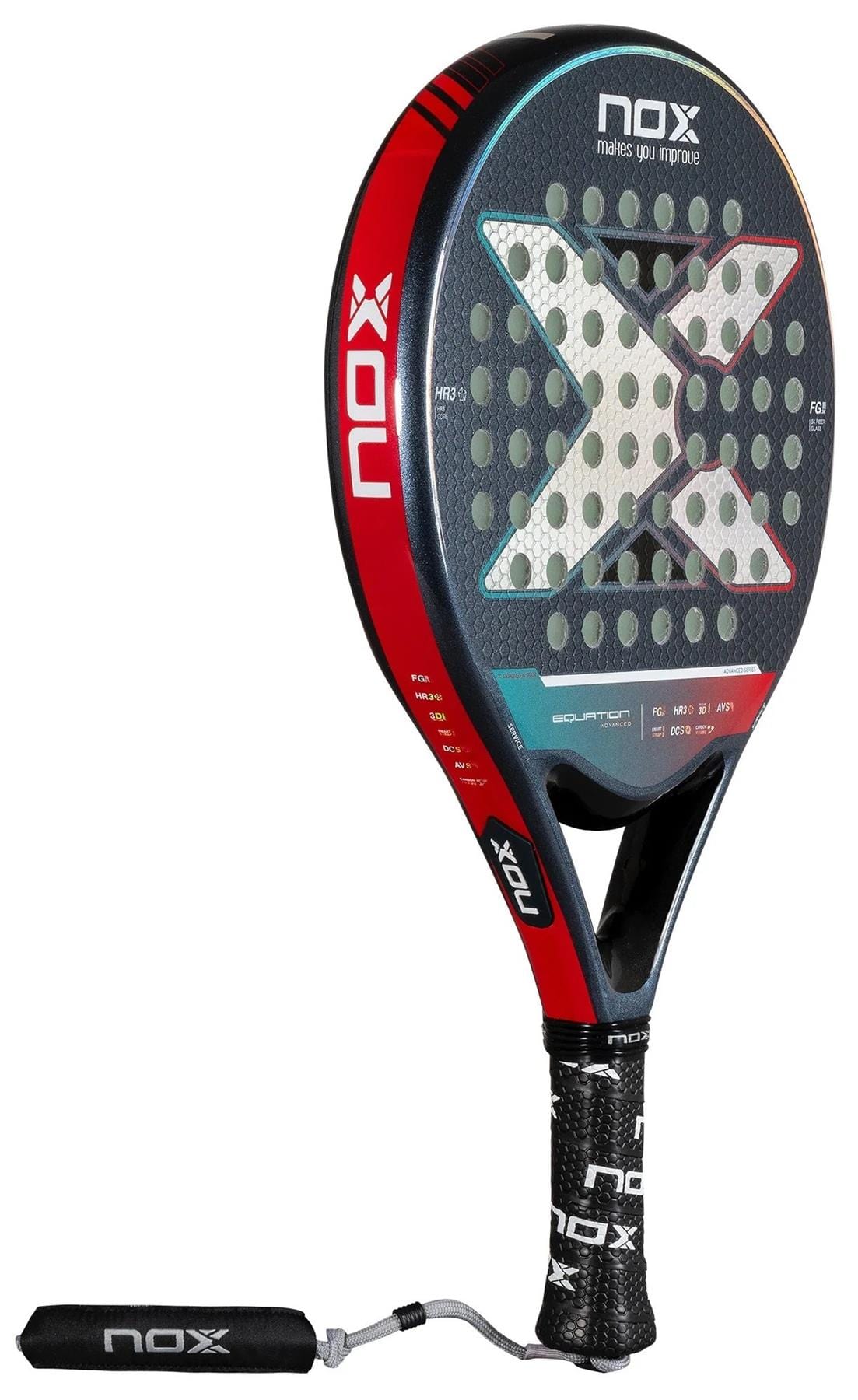 The NOX Equation Light W Advance Series Padel Racket features a black and red design with a large white "X," carbon fiber handle, and wrist strap—perfect for intermediate players seeking precision and control.