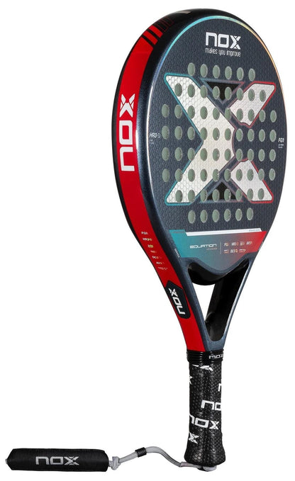 The NOX Equation Light W Advance Series Padel Racket features a black and red design with a large white "X," carbon fiber handle, and wrist strap—perfect for intermediate players seeking precision and control.