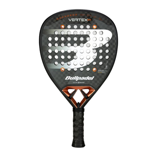 The Bullpadel Vertex 04 2025 padel racket features a black and gray checkered design with orange accents, a perforated face for control, a black grip handle, and prominent Bullpadel branding.