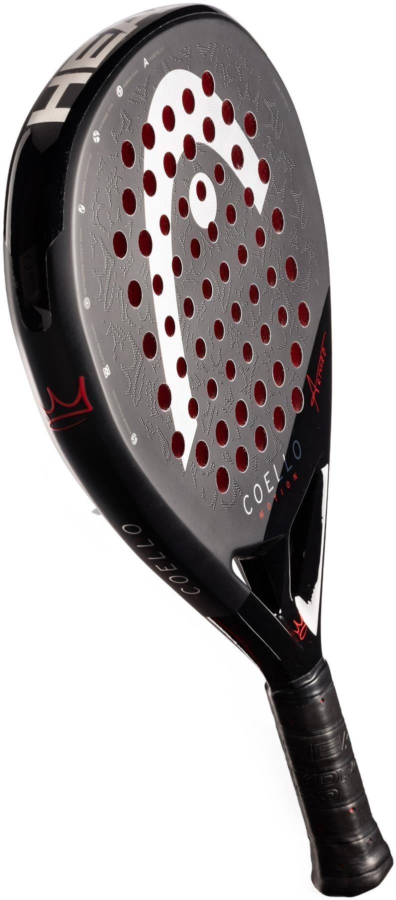 The HEAD Coello Motion 2025 Padel Racket features a black design with a textured gray face, red holes, white and red accents, "HEAD" and "Coello" branding, a black grip handle, and Extreme Spin technology for better play.