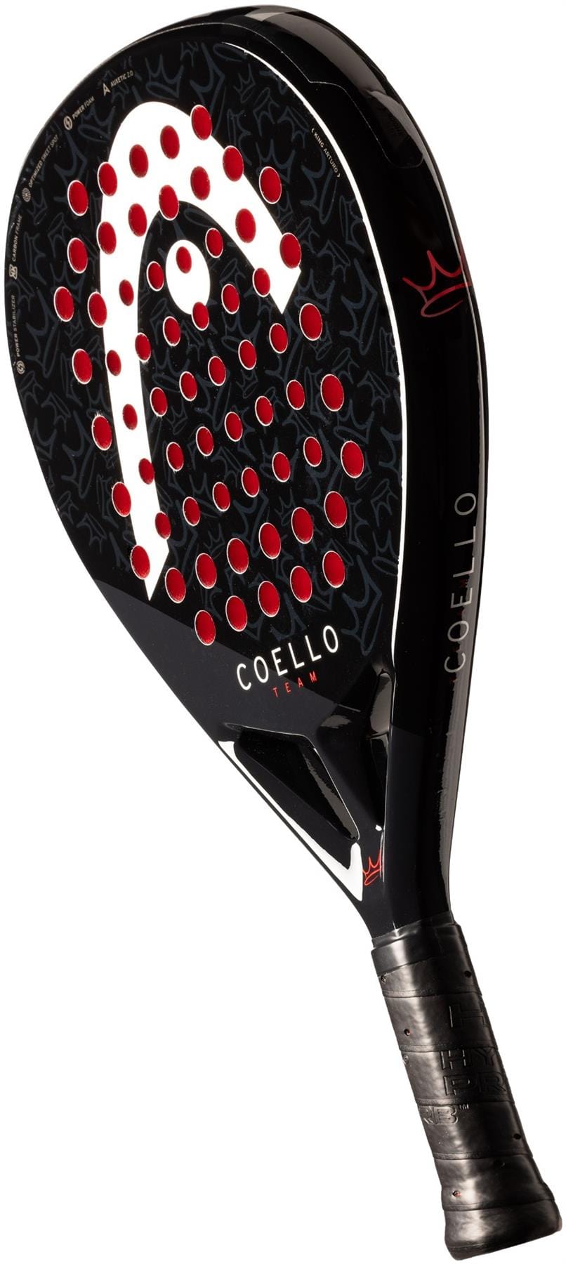 The HEAD Coello Team 2025 Padel Racket by HEAD is black with red circular holes, a white logo, and "COELLO" on the side and handle. It uses Auxetic 2.0 technology for enhanced play and is displayed isolated on a white background.