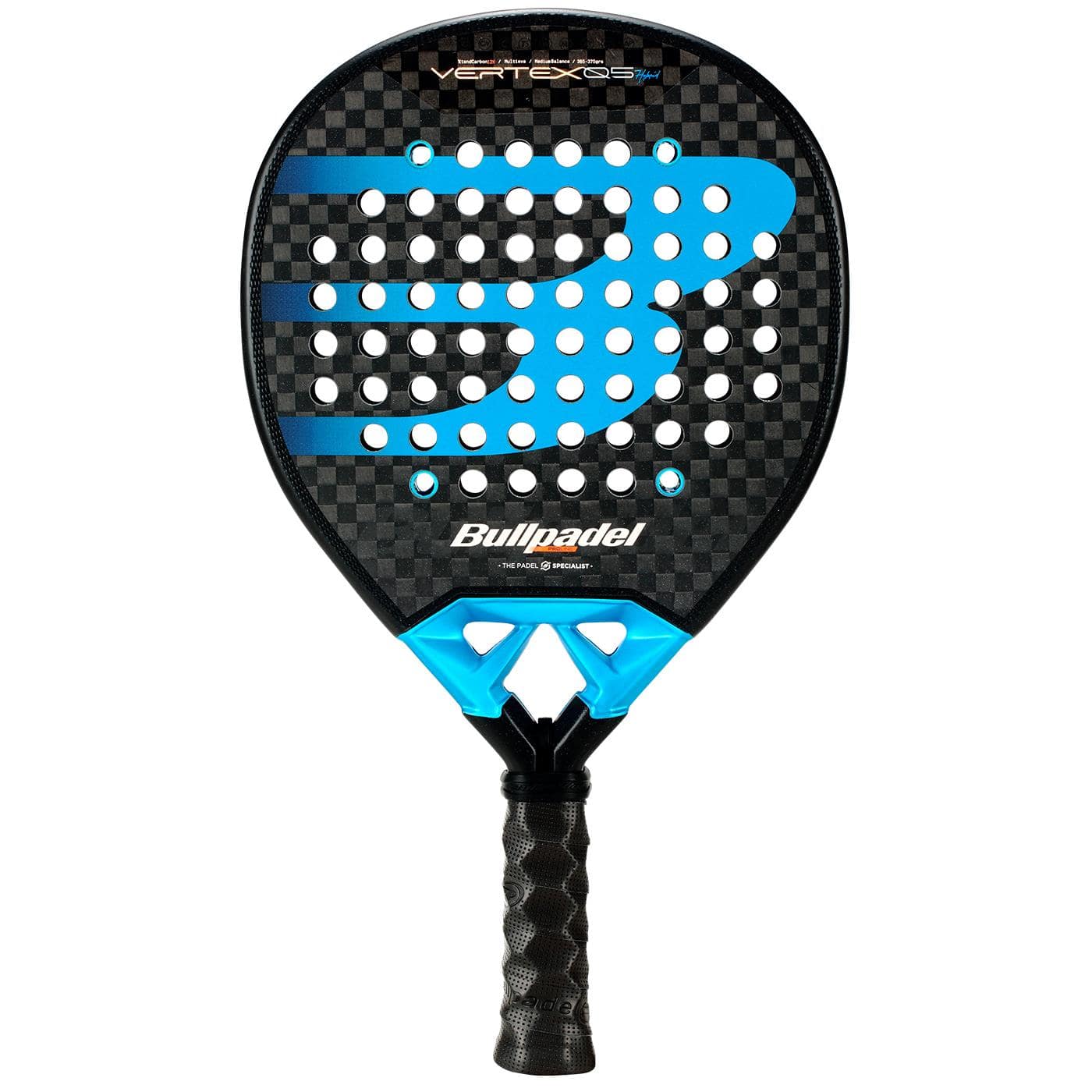 The Bullpadel Vertex 05 Hybrid 2026 padel racket features a black and blue design, hybrid shape, perforated surface, large blue logo, and a black handle with textured grip.