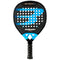 The Bullpadel Vertex 05 Hybrid 2026 padel racket features a black and blue design, hybrid shape, perforated surface, large blue logo, and a black handle with textured grip.