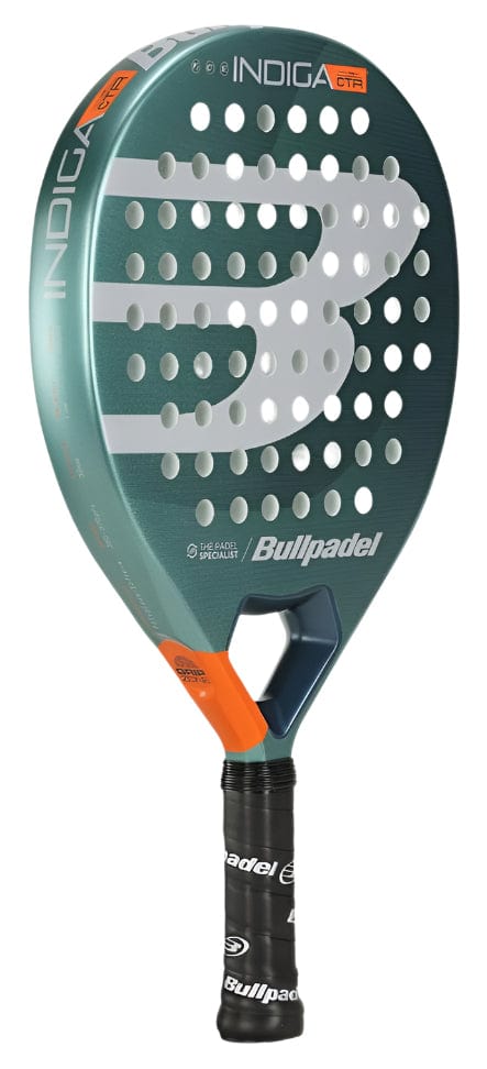 The Bullpadel Indiga Ctr 2025 Padel Racket by Bullpadel is ultralight, with a teal and orange design, large white logo, round face holes, and a handle wrapped in black grip tape.