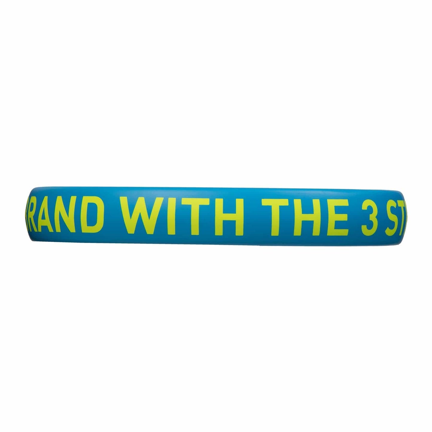 A blue band with bold yellow text reading "BRAND WITH THE 3 S" evokes the design of control padel rackets like the adidas Drive 3.3 Blue Padel Racket. The background is plain white.