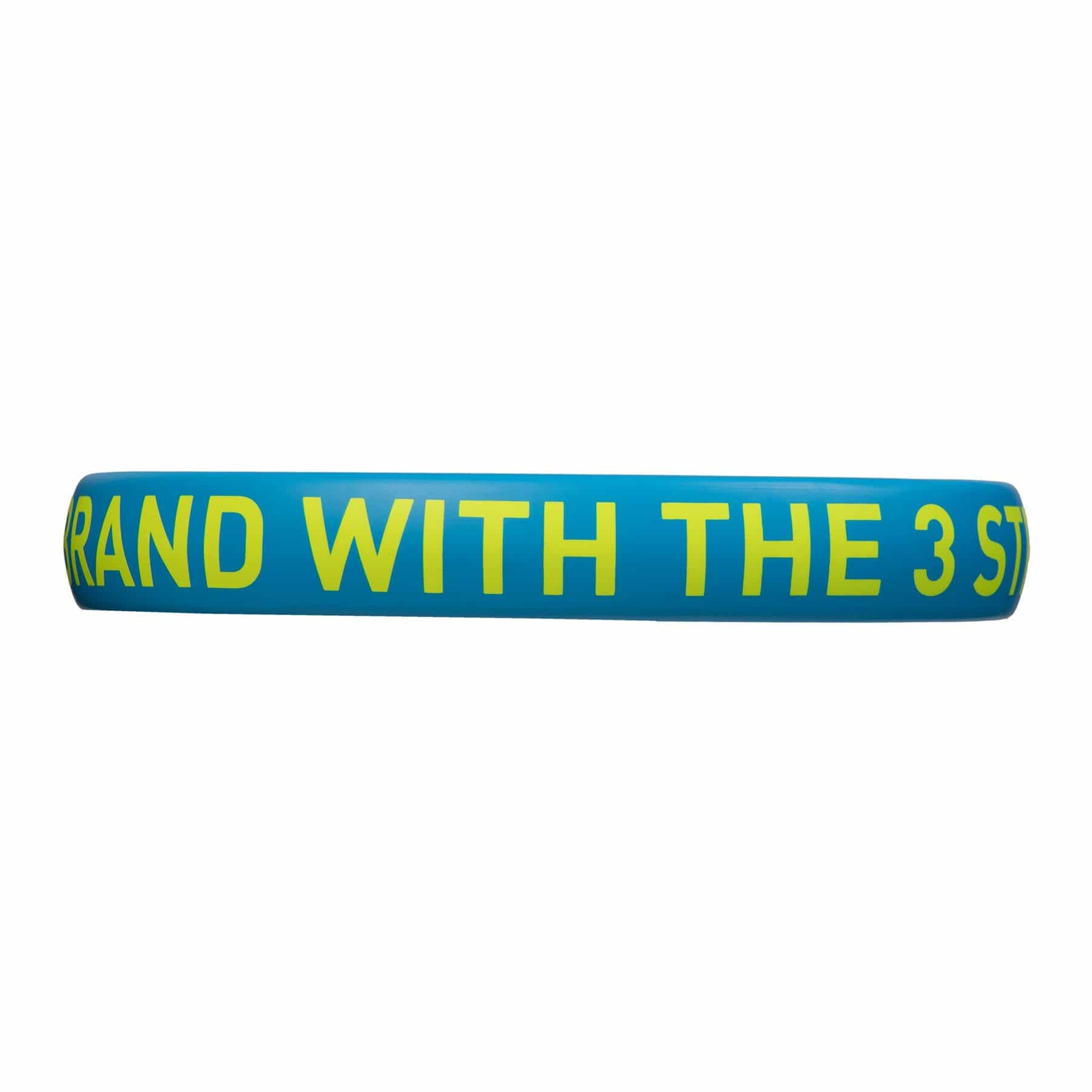A blue band with bold yellow text reading "BRAND WITH THE 3 S" evokes the design of control padel rackets like the adidas Drive 3.3 Blue Padel Racket. The background is plain white.