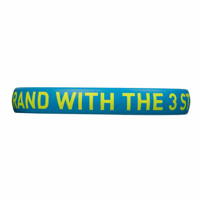 A blue band with bold yellow text reading "BRAND WITH THE 3 S" evokes the design of control padel rackets like the adidas Drive 3.3 Blue Padel Racket. The background is plain white.