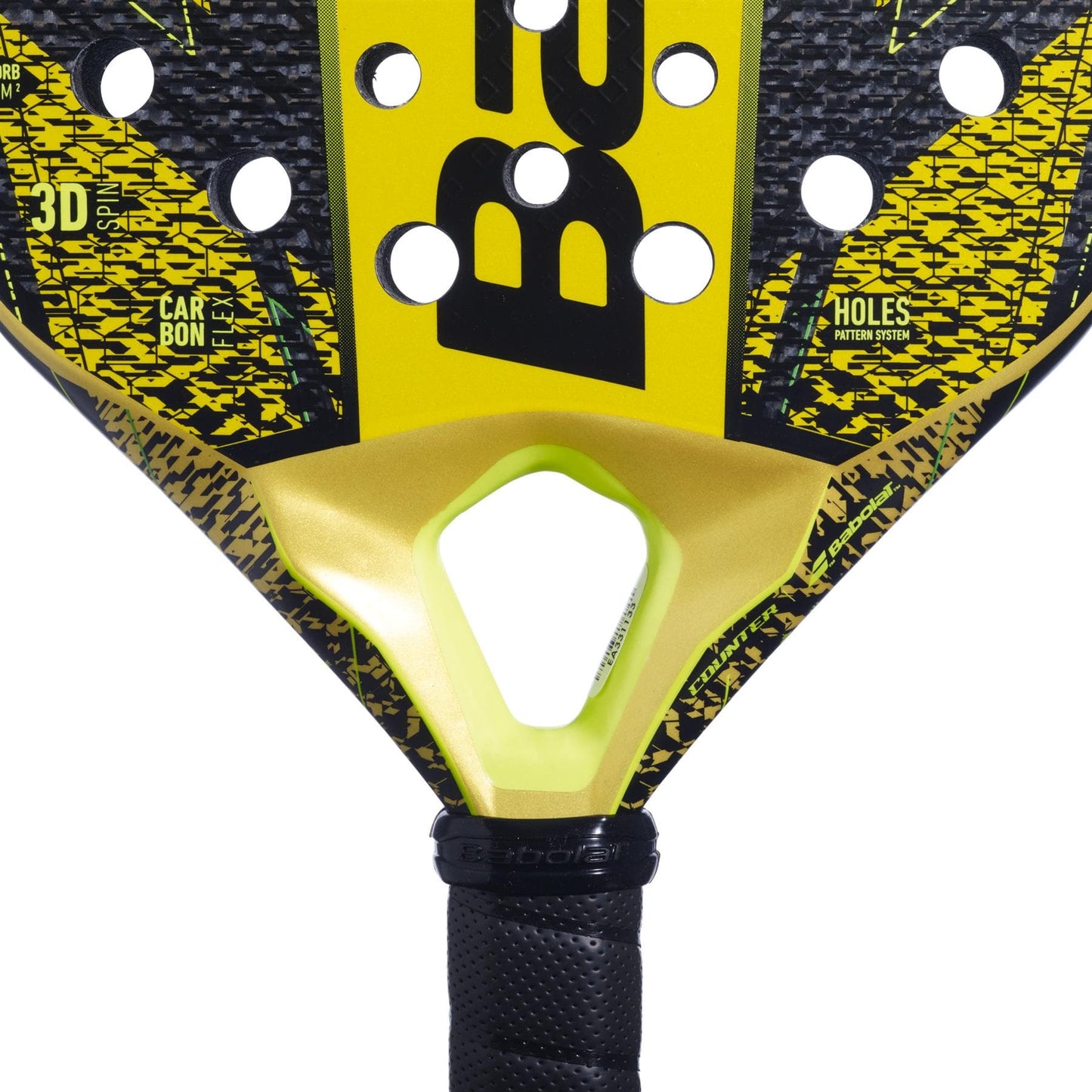 Close-up of the Babolat Counter Veron Padel Racket by Babolat, featuring Carbon Flex technology, a yellow and black design, triangular hole above the handle, multiple round holes on the face, textured patterns, and bold branding.