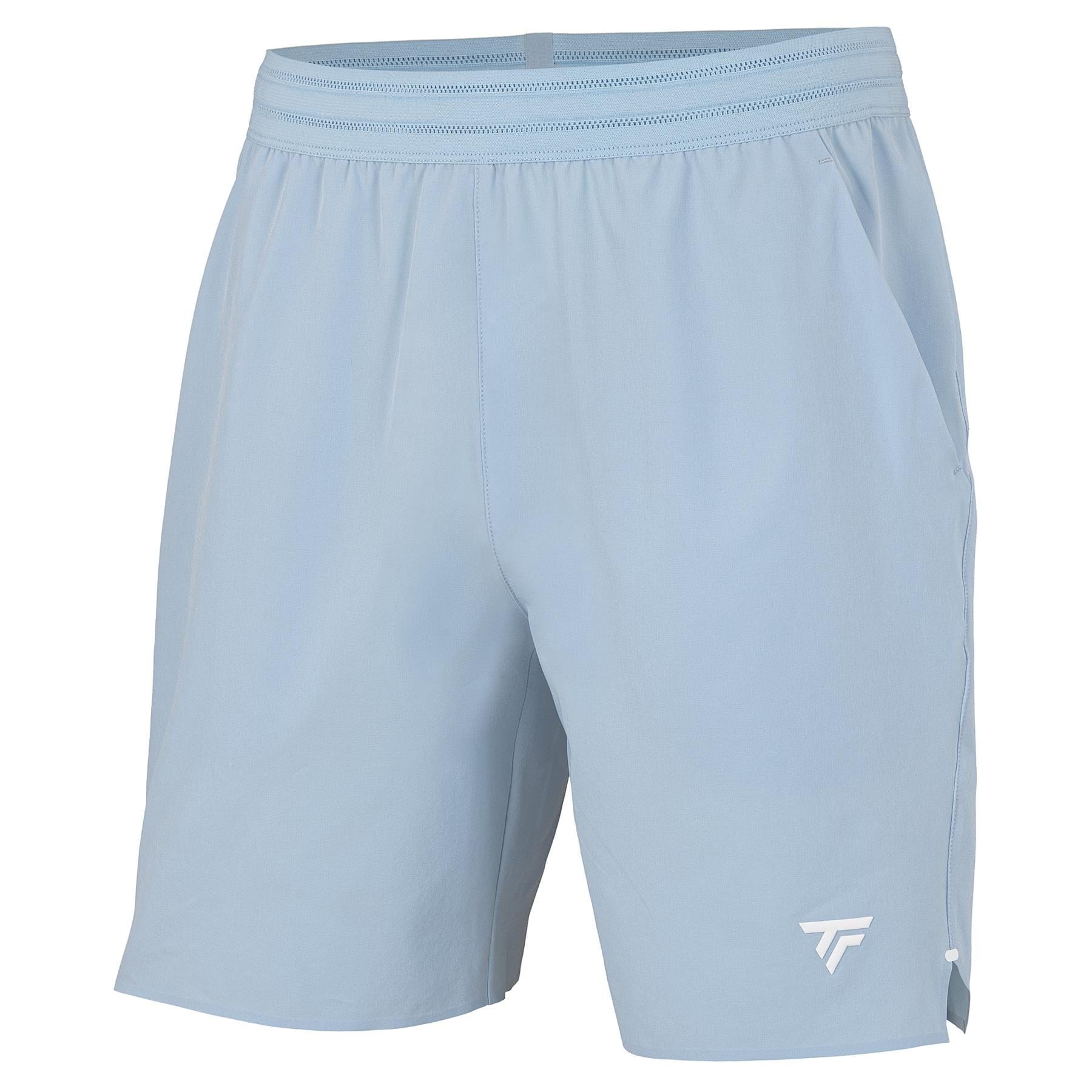 Tecnifibre Team Stretch Men's Padel Shorts in glacier blue feature an elastic waistband, side pockets, and a small white logo on the left leg. These Tecnifibre shorts are shown against a plain white background.