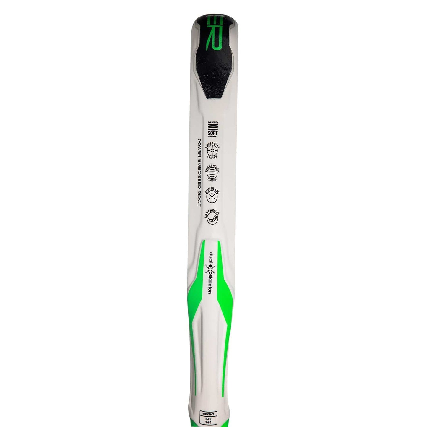 A close-up of the ADIDAS Adipower Team Light 3.3 Padel Racket by adidas, featuring white and green colors with black detailing, technical icons, and branding—mirroring the precision seen in alpine ski design.