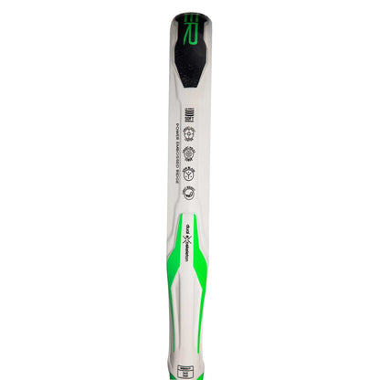 A close-up of the ADIDAS Adipower Team Light 3.3 Padel Racket by adidas, featuring white and green colors with black detailing, technical icons, and branding—mirroring the precision seen in alpine ski design.