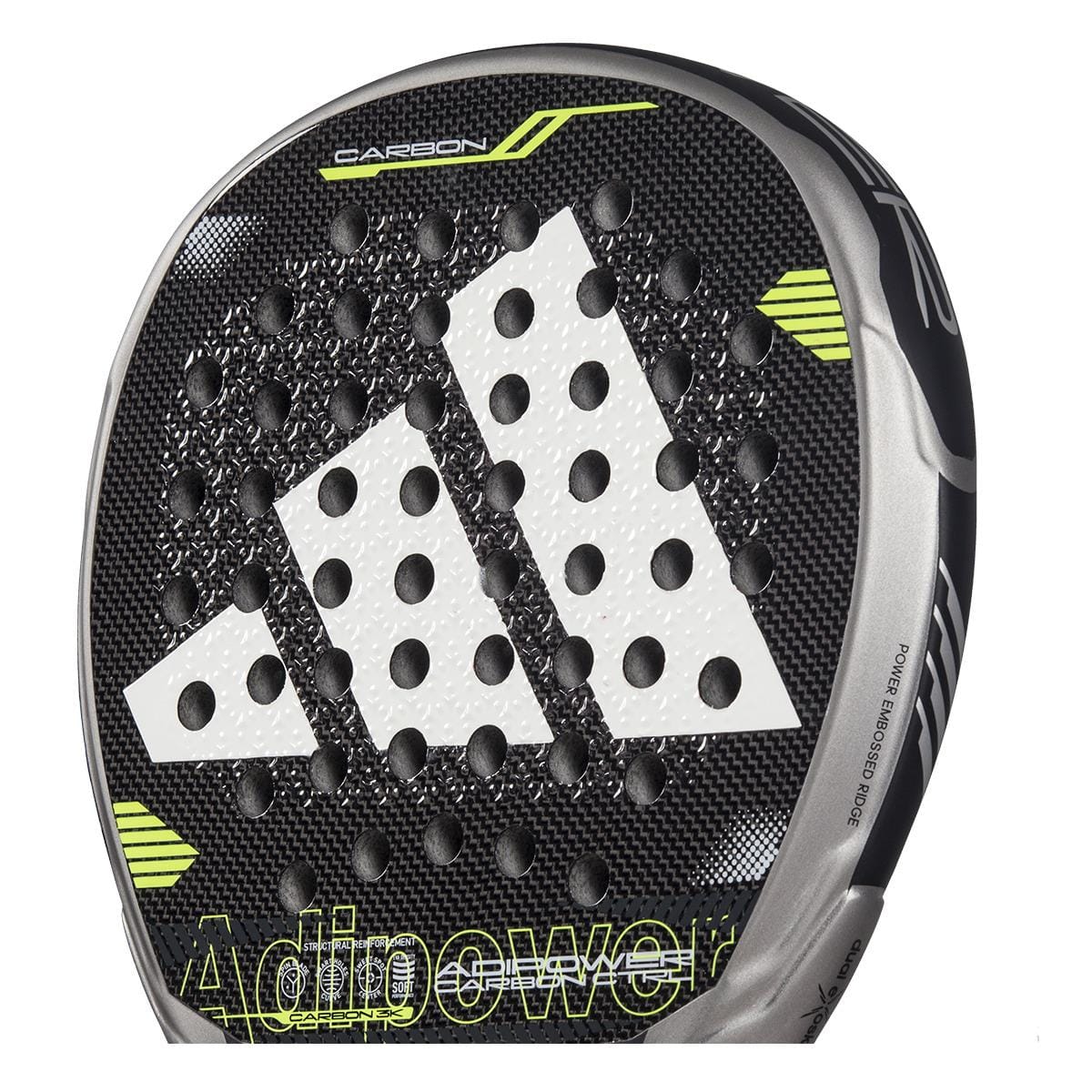 Close-up of the adidas ADIDAS Adipower Carbon CTRL 3.4 Padel Racket in black and silver, with carbon 18K construction, bold white logo, circular perforations, yellow-green accents, and "Adipower" partly visible near the bottom.