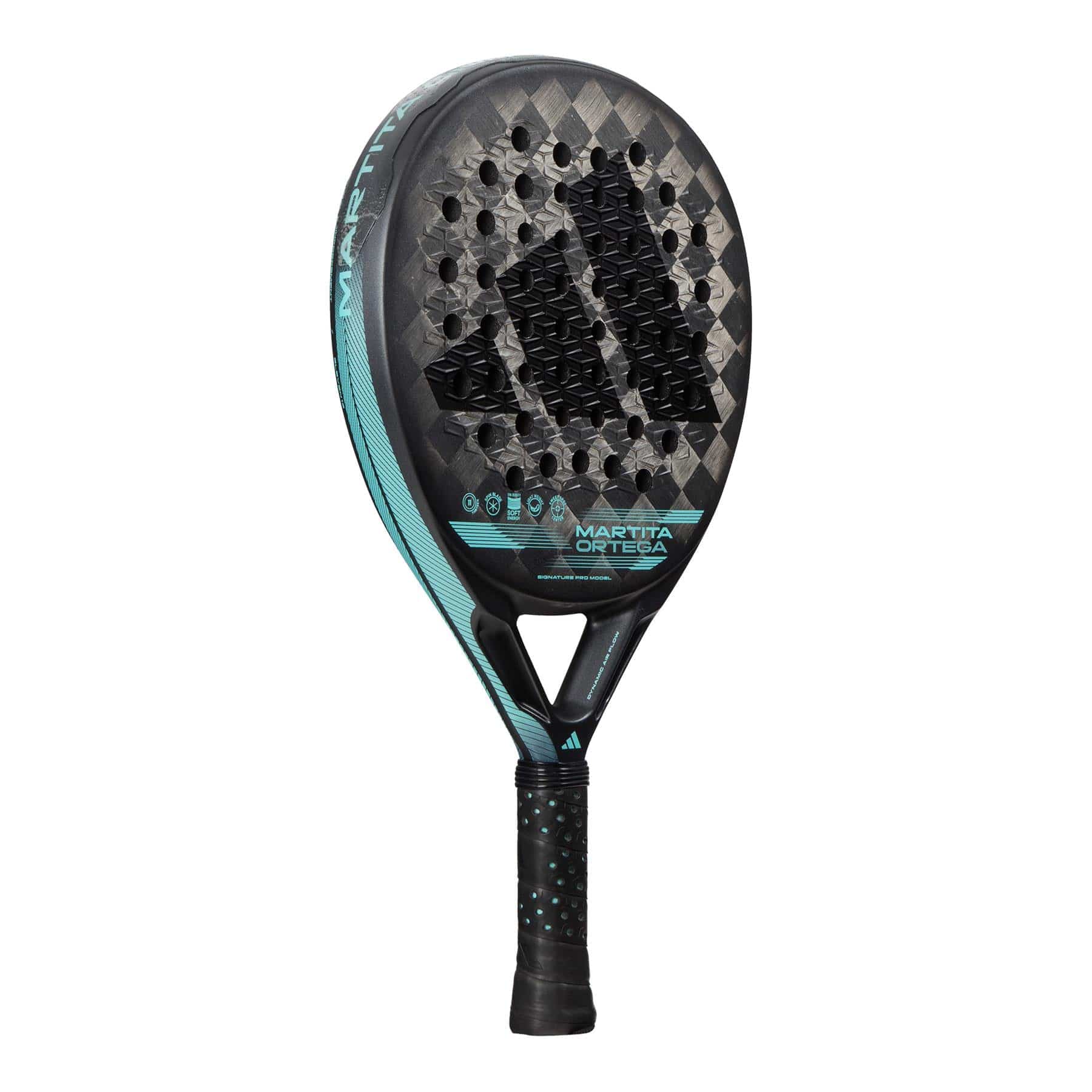 The adidas Cross It Light Padel Racket is a modern, lightweight control racket in black and teal, featuring Spin Blade Mold tech, circular perforations, "Martita Ortega" branding, and a black grip with teal accents.