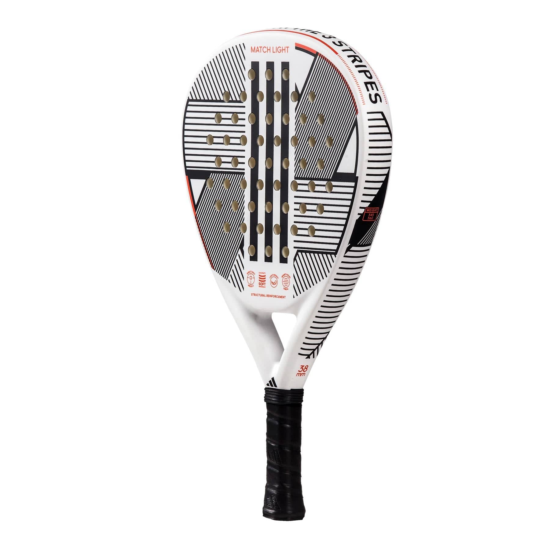 The adidas Match Light 3.3 Padel Racket is lightweight, with a white base, black and red accents, geometric patterns, a perforated face for control, "MATCH LIGHT" on top, and a black grip handle.