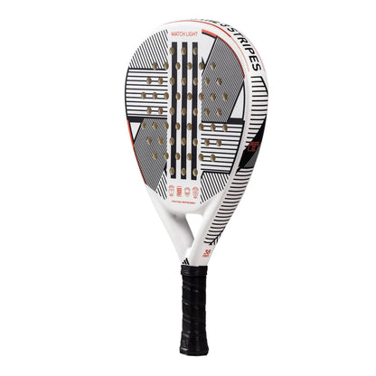 The adidas Match Light 3.3 Padel Racket is lightweight, with a white base, black and red accents, geometric patterns, a perforated face for control, "MATCH LIGHT" on top, and a black grip handle.