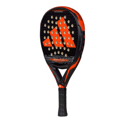 The adidas Adipower CTRL Team 3.3 Padel Racket in black and orange, with a bold orange logo and circular holes on the surface, is shown upright against a white background—ideal for players who want precise control.