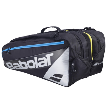 The Babolat RH Pro Padel Racket Bag in Black/Silver features blue and yellow zippers, multiple compartments including an insulated racket section, and carrying handles—perfect for transporting your rackets and tennis gear.