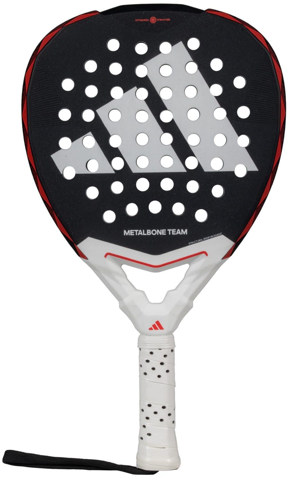 The adidas Metalbone Team 3.4 Padel Racket is black and white with a large logo, circular holes on the head, a white handle with black dots, and a wrist strap—perfect for aggressive play.