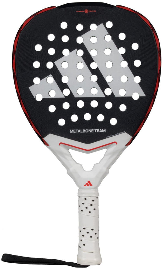 The adidas Metalbone Team 3.4 Padel Racket is black and white with a large logo, circular holes on the head, a white handle with black dots, and a wrist strap—perfect for aggressive play.