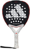 The adidas Metalbone Team 3.4 Padel Racket is black and white with a large logo, circular holes on the head, a white handle with black dots, and a wrist strap—perfect for aggressive play.