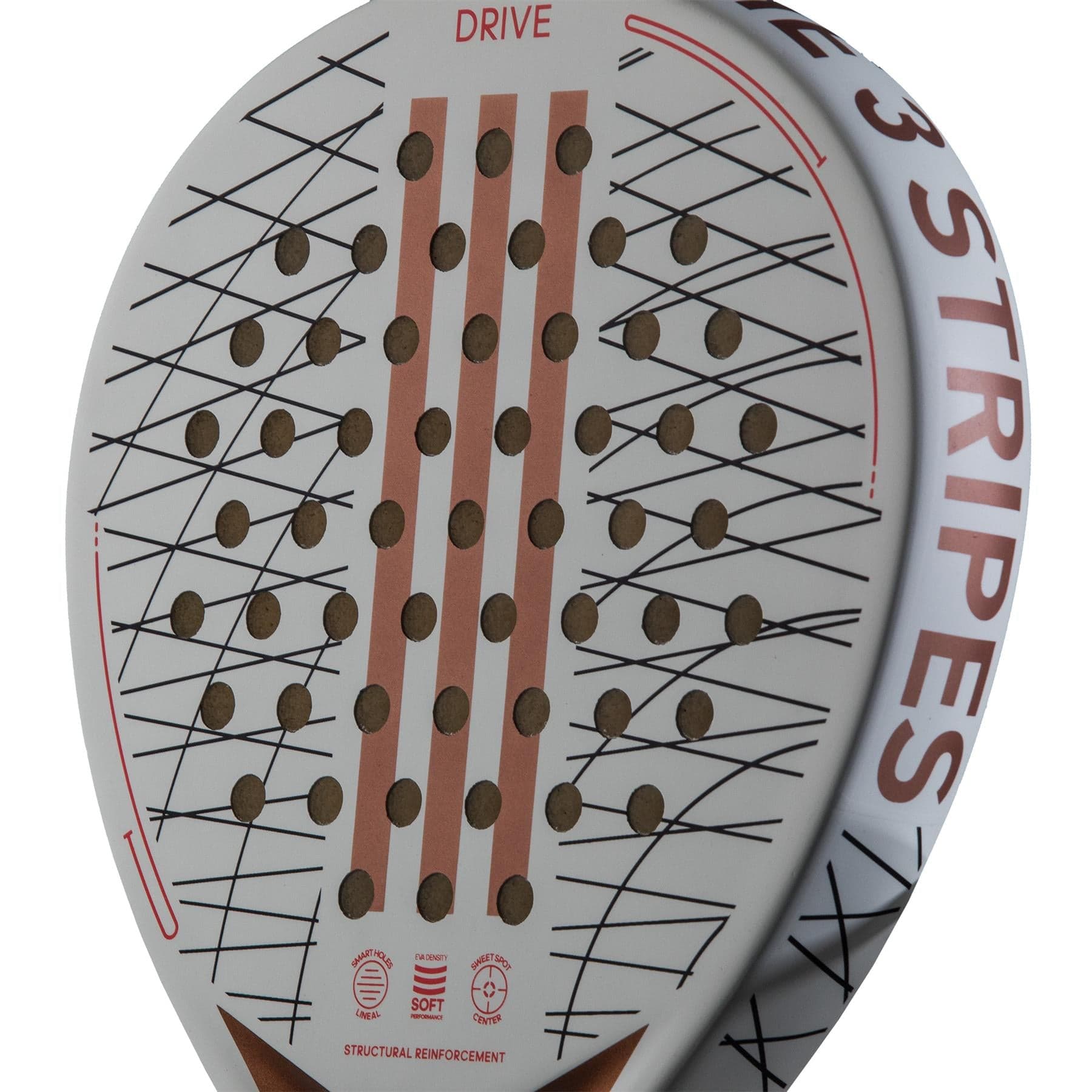 Close-up of the adidas Drive 3.3 Vintage Padel Racket, showing three vertical orange stripes, round holes, black diagonal lines, "DRIVE" at the top, and "3 STRIPES" on the edge. Great beginner padel racket from adidas.