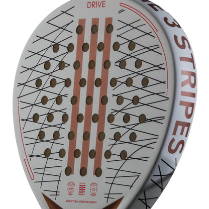 Close-up of the adidas Drive 3.3 Vintage Padel Racket, showing three vertical orange stripes, round holes, black diagonal lines, "DRIVE" at the top, and "3 STRIPES" on the edge. Great beginner padel racket from adidas.