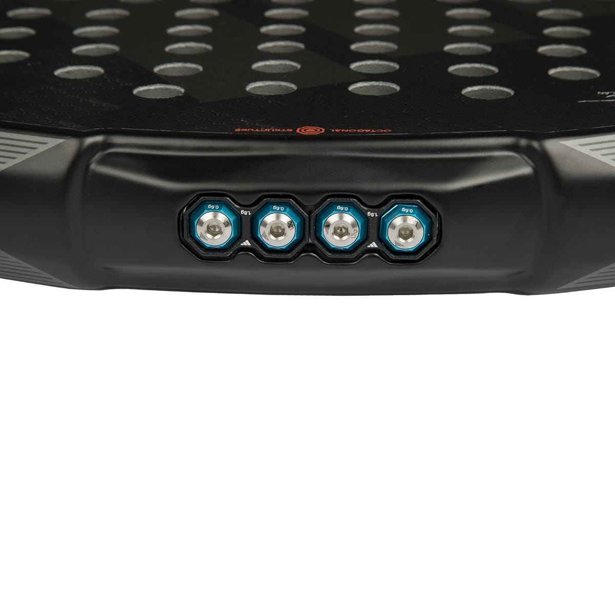 Close-up of the adidas Metalbone 3.4 Padel Racket, an advanced padel racket with four adjustable weight screws in the handle, featuring a sporty black design and dotted surface pattern.