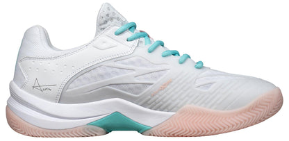 The NOX AT10 Lux Women's Padel Shoes in White/Potpurri feature light teal laces, a pink and teal sole, mesh panels, and a subtle geometric side design. Shown from the side on a plain background.